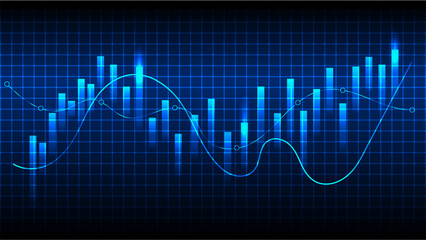 Glowing blue financial chart with candlestick patterns and line graph on grid background, representing data analysis