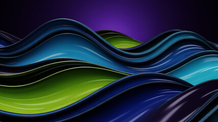 Abstract colorful waves with a glossy finish on a dark purple background, modern and elegant design