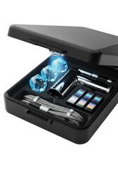 Sleek matte black container, lid ajar, revealing glowing data crystals, chrome scanner, power cells, cable, hologram on transparent with copy space, futuristic technology concept.