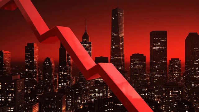 Declining Market - A red arrow is trending downwards in front of a city skyline at night. The scene evokes a sense of economic downturn or stock market crash.
