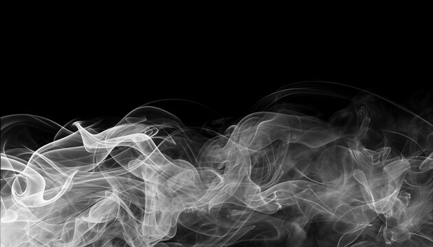 Ethereal white smoke swirls gracefully against stark black background, creating mysterious and captivating visual effect