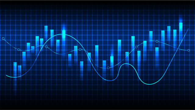 Glowing blue financial chart with candlestick patterns and line graph on grid background, representing data analysis