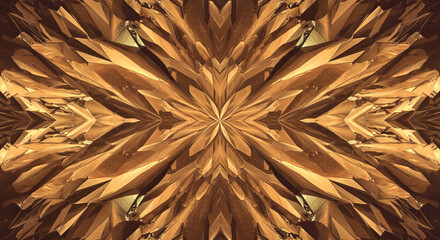 Abstract golden floral kaleidoscope pattern, creating a mesmerizing symmetric design, evokes feelings of warmth and opulence.