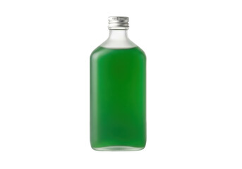 A sturdy, squat, clear frosted glass bottle with vibrant emerald green liquid and silver screw cap, on a transparent background with copy space, high-key studio light, concept of natural purity