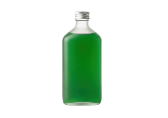 A sturdy, squat, clear frosted glass bottle with vibrant emerald green liquid and silver screw cap, on a transparent background with copy space, high-key studio light, concept of natural purity