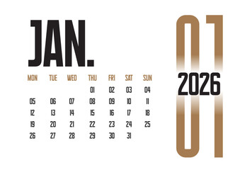 Modern January 2026 calendar page with bold typography and warm minimalist tones. Perfect for planners and clean layout lovers