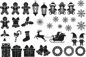Christmas, Icon, Set, Silhouette, Gingerbread, Elf, Snowflake, Gift, Ornament, Bear, Bell, Vector, Cad, Drawing, Design, Illustration, Black, White, Festive, Holiday