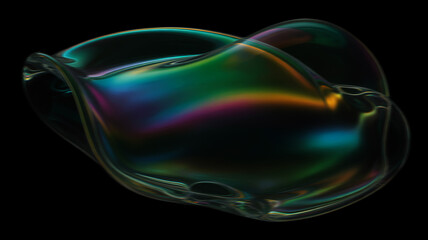Iridescent soap bubble with rainbow colors floating in the dark space with a black background