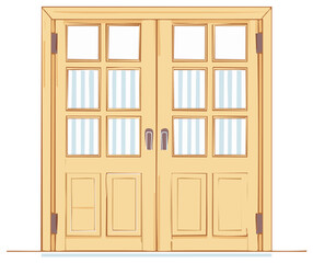 Obraz premium Light Wooden Double Doors with Glass Panels and Striped Windows Illustrative Home Entrance