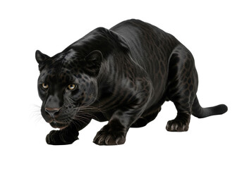 An obsidian black panther with glossy fur and taut muscles in a low crouch, piercing amber eyes, on a high-key white studio background with copy space, concept of predatory power