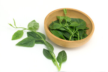Basella alba - leaf vegetable in wooden bowl on white background