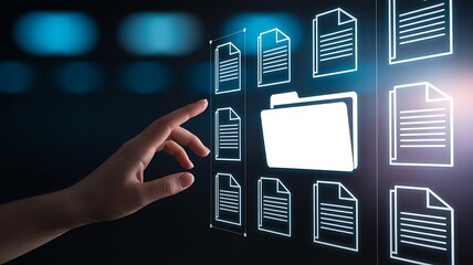 Hand interacting with digital documents and folder interface on dark background touching