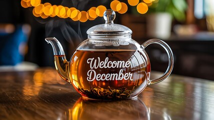 Glass teapot with hot tea and welcome december text on wooden table
