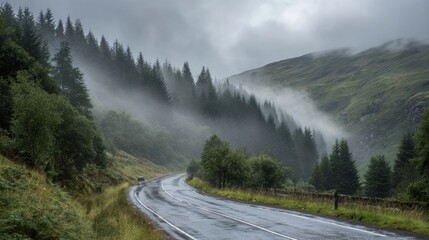 Scenic road winds through misty, forested mountains in the scottish highlands