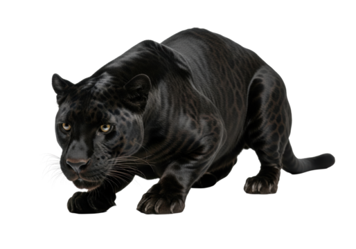 An obsidian black panther with glossy fur and taut muscles in a low crouch, piercing amber eyes, on a high-key white studio background with copy space, concept of predatory power