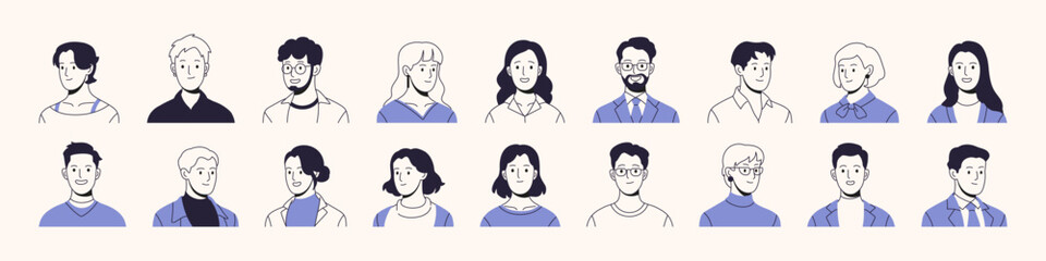 Contour set of business avatars. Happy faces of employees for user profiles. Different portraits of diverse office workers with joyful smiles. Flat isolated vector illustrations on a white background.