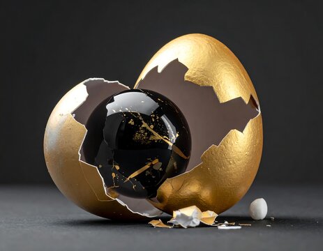 Artistic shot of a shattered golden egg revealing a black sphere with gold flecks - Powered by Adobe