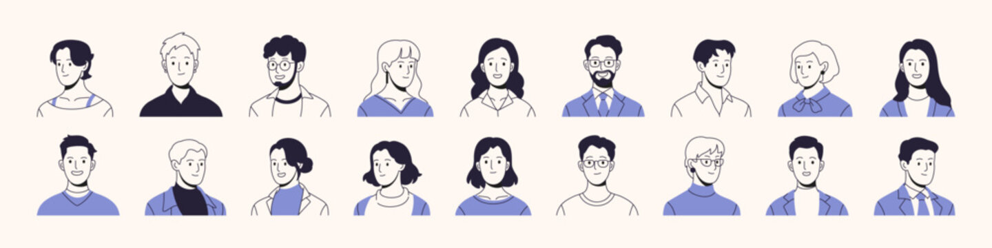 Contour set of business avatars. Happy faces of employees for user profiles. Different portraits of diverse office workers with joyful smiles. Flat isolated vector illustrations on a white background.