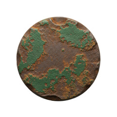 Solitary, circular, heavily textured aged cast iron disc with green oxidation and rust, centered on transparent background with copy space. Concept of powerful industrial heritage
