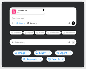 LLM interface elements. AI chat UI template: prompt, input field, chip, button, PDF attachment, source, research, reason and agent mode. Chat gpt style window dashboard mock-up. Vector illustration.