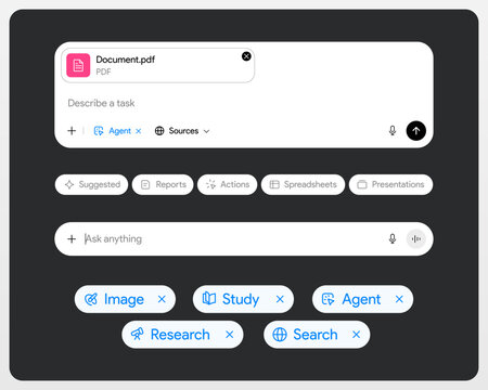 LLM interface elements. AI chat UI template: prompt, input field, chip, button, PDF attachment, source, research, reason and agent mode. Chat gpt style window dashboard mock-up. Vector illustration.