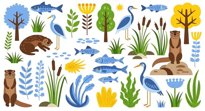 Vibrant Wetland Ecosystem Illustration with Diverse Flora and Fauna.