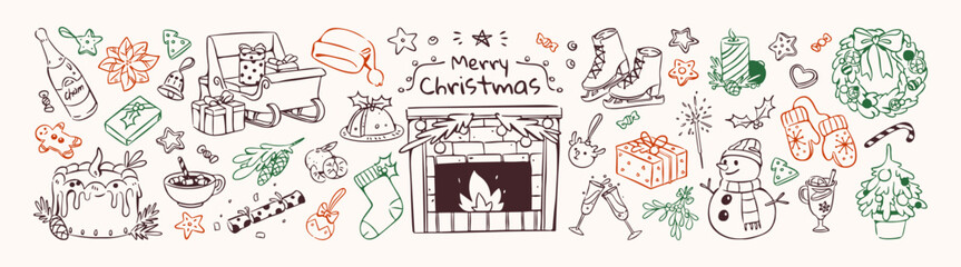 Christmas items doodle set. Xmas tree, decorated fireplace and New Year decor., Santa's sled, gifts and winter holiday elements. Hand drawn isolated outline vector illustrations on white background.