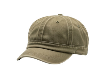 A rugged, faded olive green canvas work cap with a rounded dome and creased band, isolated on a transparent background with copy space, soft studio light, concept of durable utility