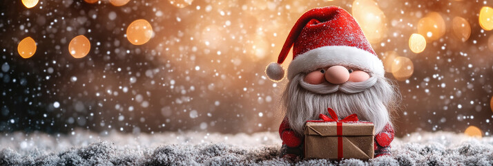 funny cheerful a Santa gnome ang gift with a very long beard and a hat pulled down to cover his eyes,playful pose isolated on christmas background bokeh, space for text