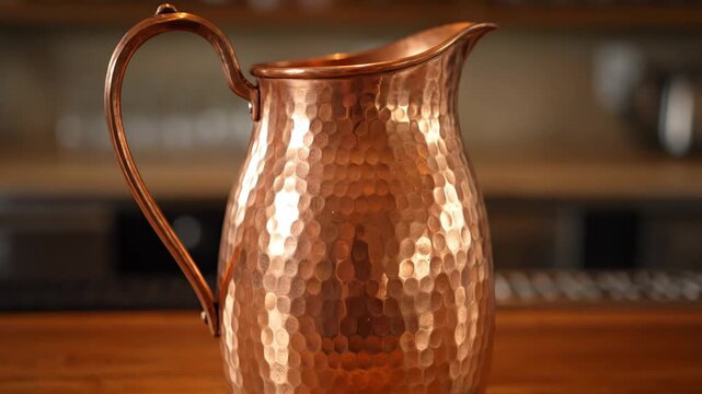 Hammered Copper Pitcher - A close-up shot features a hammered copper pitcher on a wooden surface. The pitcher has a curved handle and a reflective surface that catches the light.