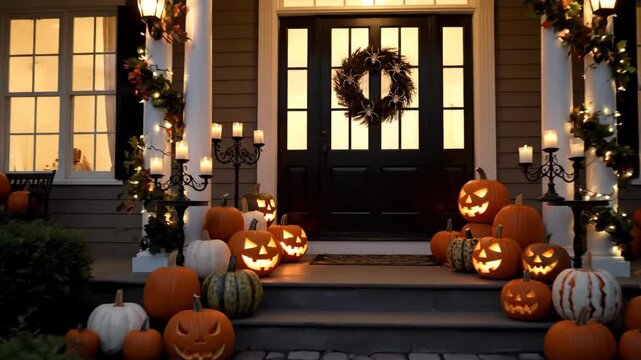 Halloween Decorated House Exterior at Night - A well-lit suburban home exterior is decorated for Halloween with carved pumpkins lining the steps.