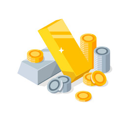 Gold bars and silver bars,Gold coins and silver coins,flat design icon vector illustration
