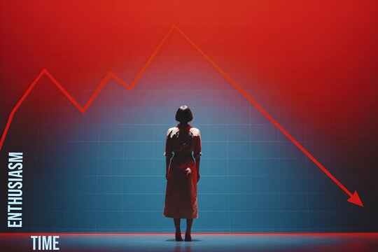Woman facing a steep downward graph showing enthusiasm versus time, symbolizing loss of motivation, emotional decline, burnout, stress, and decreasing engagement in personal or professional life