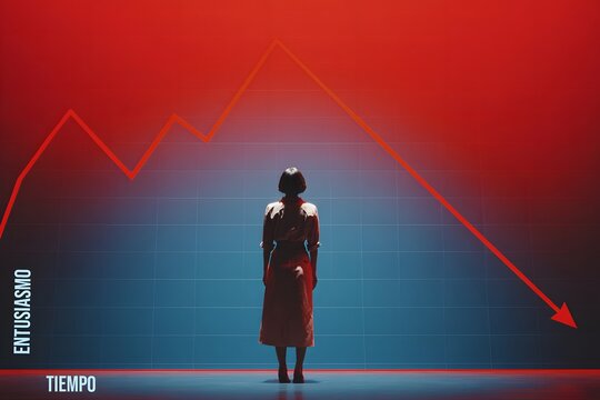 Mujer frente a un gr&aacute;fico en fuerte ca&iacute;da que representa el entusiasmo versus el tiempo, simbolizando p&eacute;rdida de motivaci&oacute;n, agotamiento emocional, estr&eacute;s y disminuci&oacute;n del compromiso personal o labor