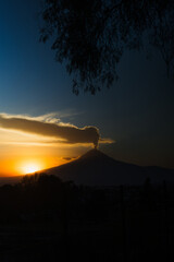 Mystical silhouette of Popocatépetl volcano erupting at sunrise. Fumarole over the peak, framed by tree branches