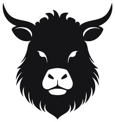 Black and white stylized head of a bull with sharp horns and detailed fur