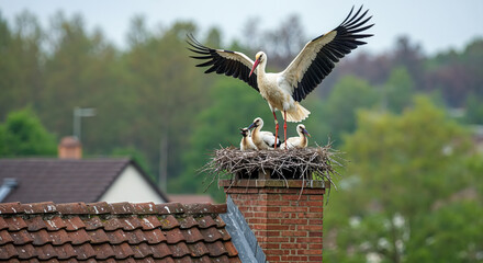 Stork feeding three chicks in nest on rooftop during daytime in a suburban area