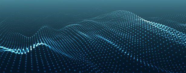 An abstract colorful wave of glowing dots that creates the illusion of moving waves on a light background. The visualization resembles a dynamic vector 3D wave that combines technology, art of the