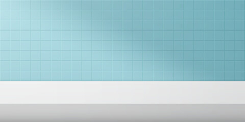 Fototapeta premium Bathroom or kitchen scene with white table and blue tiles. Background with pattern of square ceramic tile. Clean scene studio for product display with shadow. Realistic vector illustration