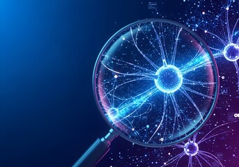 Magnifying glass examining glowing spiral galaxy in deep space, symbolizing cosmic research, astronomy, and science exploration