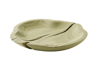 Empty pale earthy green hand-hewn wooden plate with irregular edges, visible wood grain, and natural imperfections on a transparent background with soft, diffused light, concept of artisanal