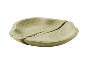 Empty pale earthy green hand-hewn wooden plate with irregular edges, visible wood grain, and natural imperfections on a transparent background with soft, diffused light, concept of artisanal