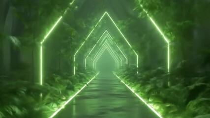 Abstract futuristic neon green glowing tunnel path through a lush digital forest, modern technology nature blend, virtual reality concept. - Powered by Adobe