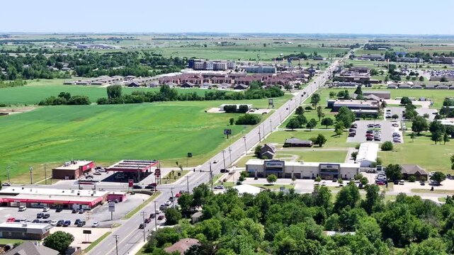 Aerial landscape of sunny summer day on Route 66 old small town El Reno Oklahoma OK Southwest