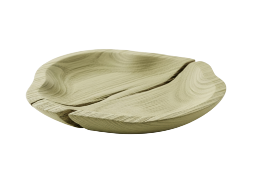Empty pale earthy green hand-hewn wooden plate with irregular edges, visible wood grain, and natural imperfections on a transparent background with soft, diffused light, concept of artisanal