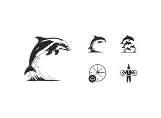 Stylized Black and White Dolphin Icons Collection