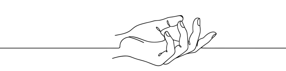 Fototapeta premium Open hand reaching or holding drawn with one continuous line. Black outline illustration isolated on white background. Vector illustration.