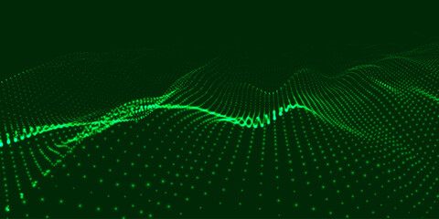 An abstract colorful wave of glowing dots that creates the illusion of moving waves on a dark background. The visualization resembles a dynamic vector 3D wave that combines technology, art of the