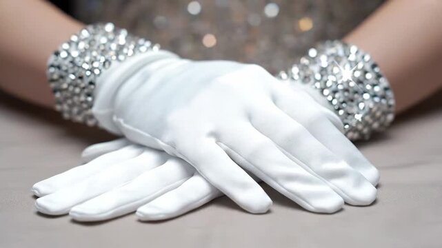 Elegant White Gloves with Rhinestone Cuffs - A close-up shot showcases a pair of hands adorned with white satin gloves, featuring dazzling rhinestone cuffs.