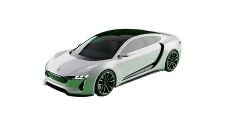 Obraz premium Sleek white sports car with a black roof is angled on black creating a modern automotive scene.